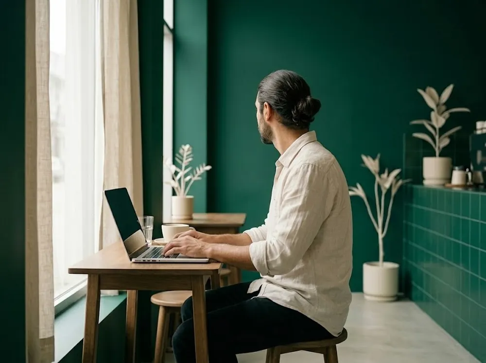 Le fondateur assis de profil dans un café aux murs verts, la tête tournée vers la fenêtre, travaillant sur son ordinateur