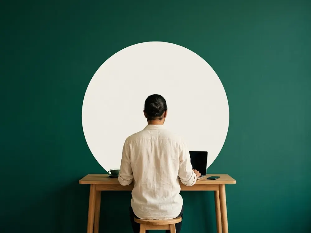 Le fondateur vu de dos, travaillant sur un ordinateur devant un mur vert et un grand disque crème