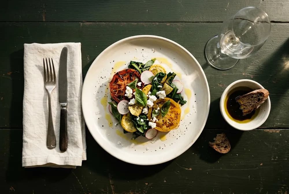 Table dressée vue du dessus avec une assiette de saison