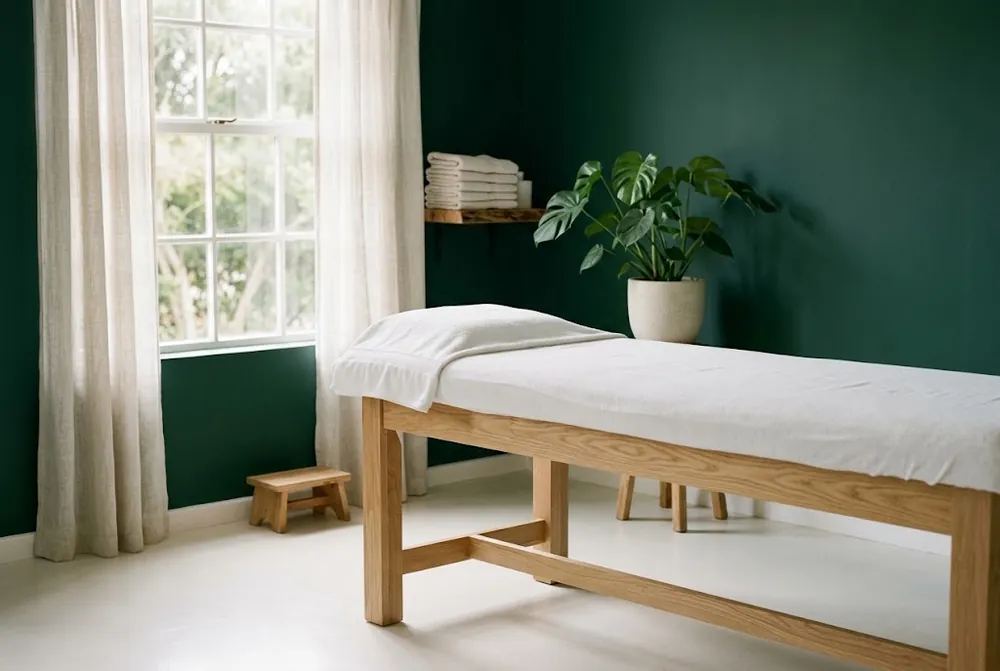 Salle de soin lumineuse avec une table en bois et une plante