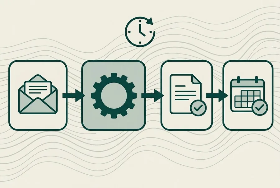 Illustration d'un flux automatisé : un email reçu, un engrenage, une facture validée et un agenda mis à jour