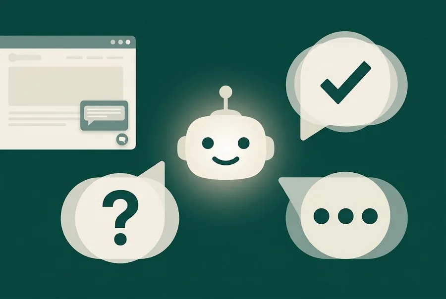 Illustration d'un assistant IA souriant qui répond à la question d'un client dans des bulles de discussion, à côté d'un site web
