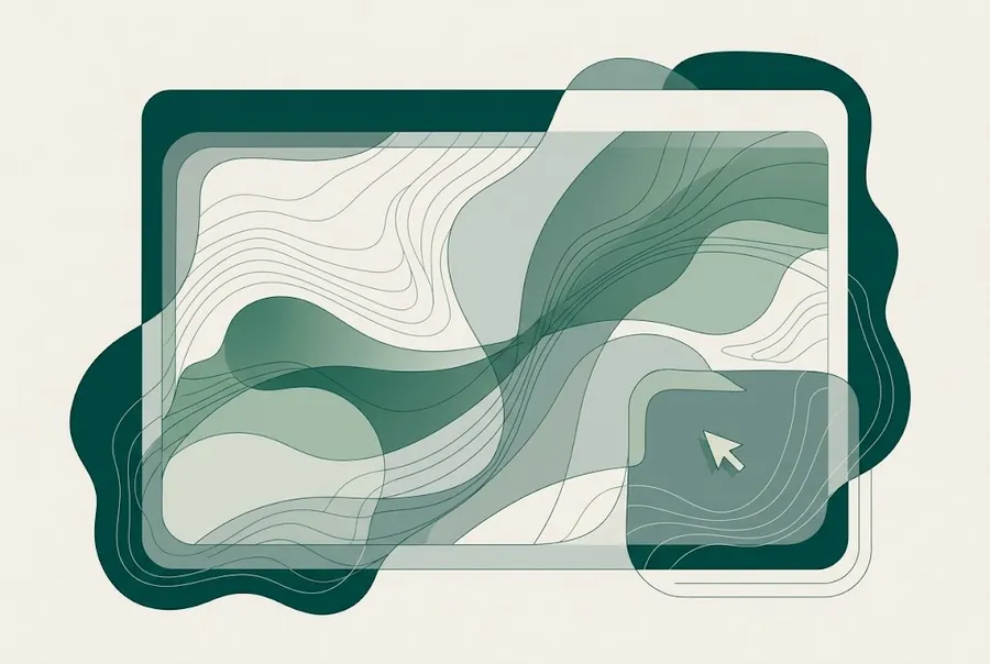 Illustration d'une fenêtre de navigateur formée de formes organiques vertes et crème, avec un curseur