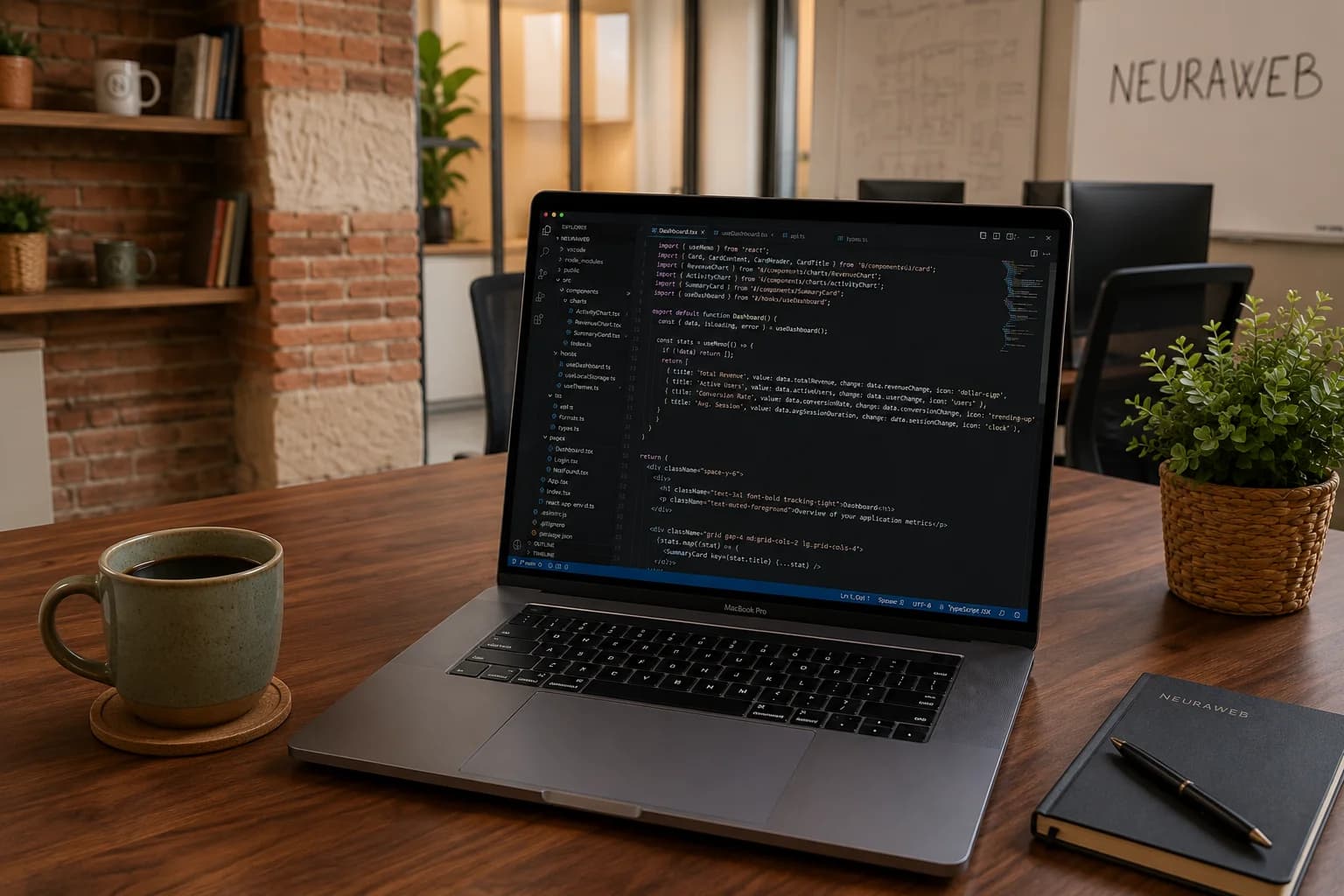 MacBook affichant du code TypeScript dans un éditeur sombre